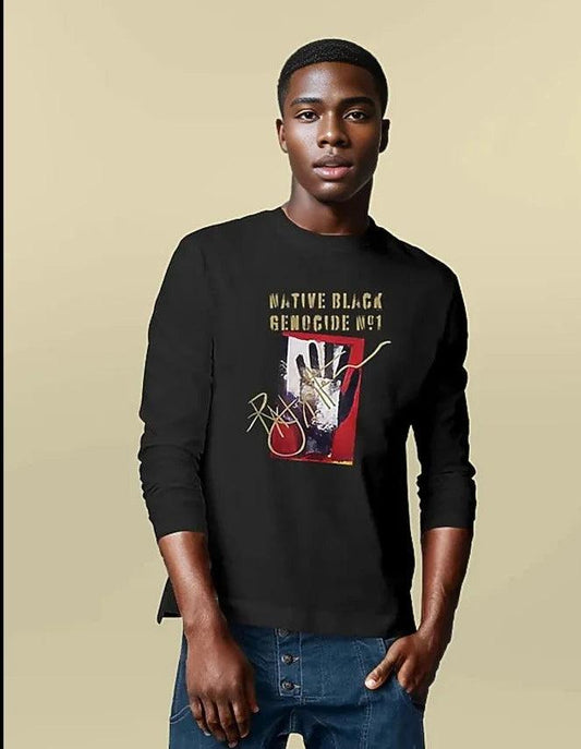 Native Black Genocide #1 Premium Men's Long Sleeve, crafted from 100% organic cotton, supports environmental and social causes, by Tree of Life Art.
