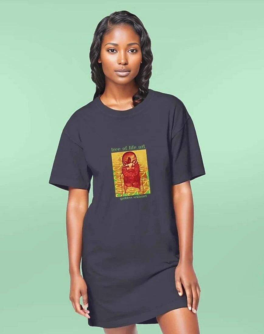 Sekhmet Premium Comfy T-shirt Dress, crafted from 100% organic cotton, combines eco-conscious fashion with comfort and style, by Tree of Life Art.