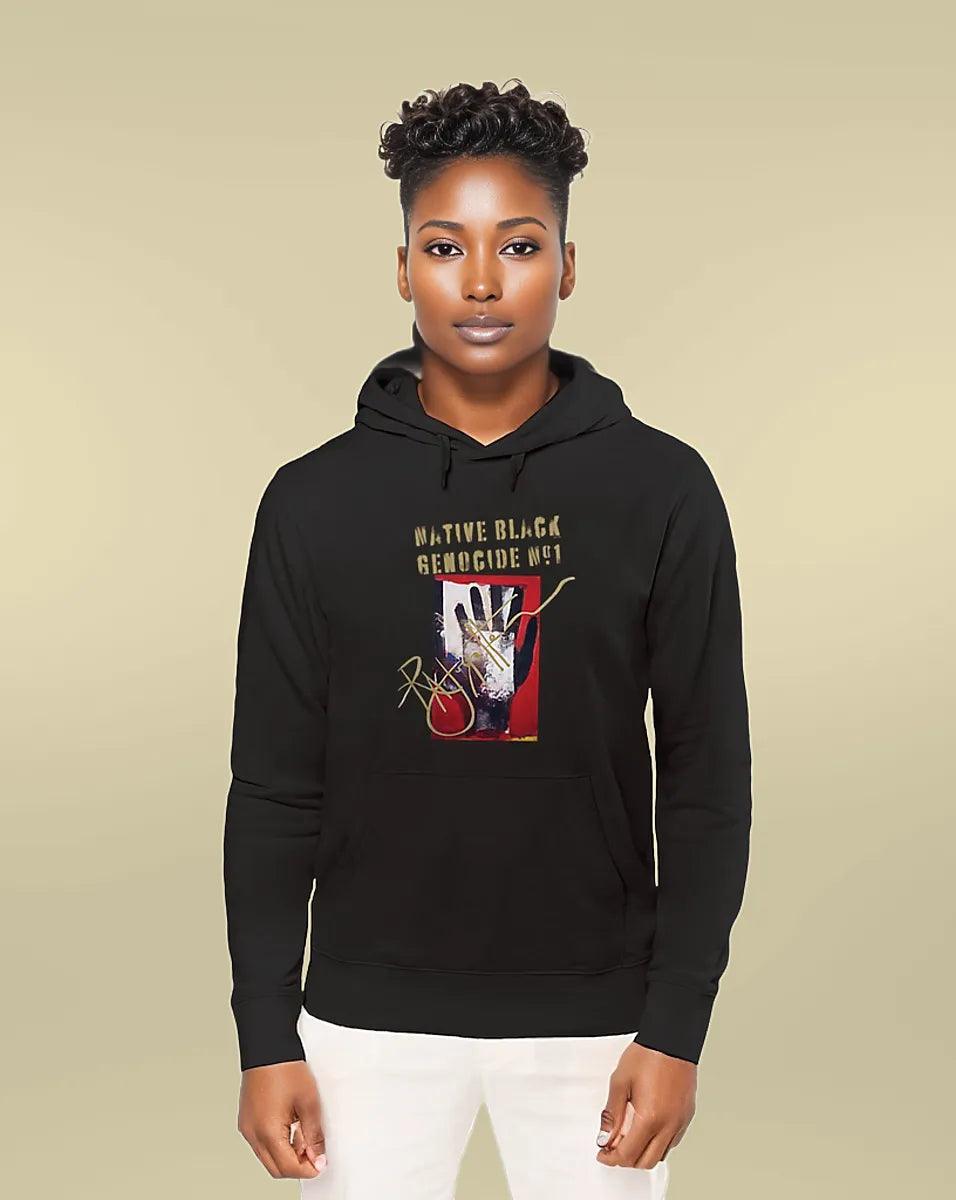 Native Black Genocide Premium Unisex Hoodie, lightweight straight cut, designed by Tree of Life Art, merging style with a strong message.