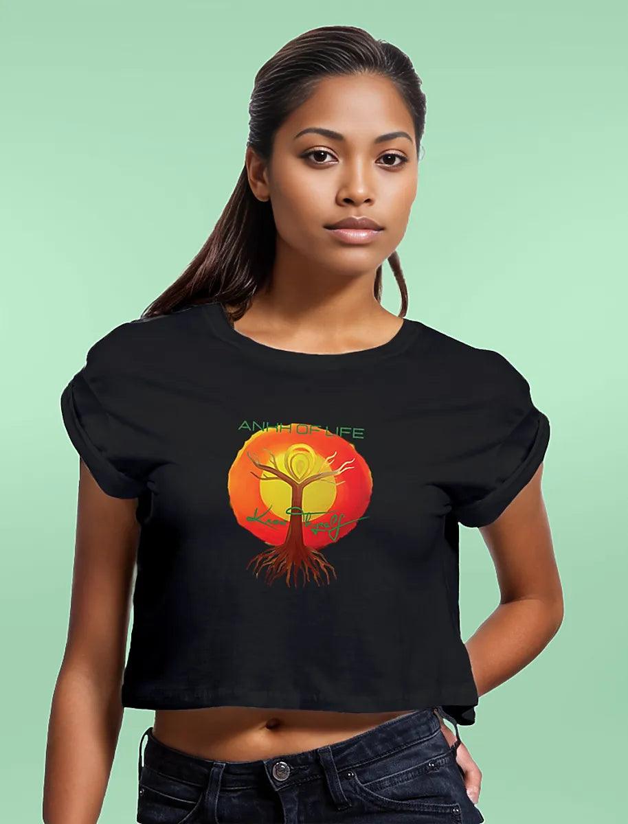 Know Thyself Crop Top in 100% organic cotton, lightweight with rolled sleeves, offered by Tree of Life Art, sizes S to XL for eco-conscious spiritual style.