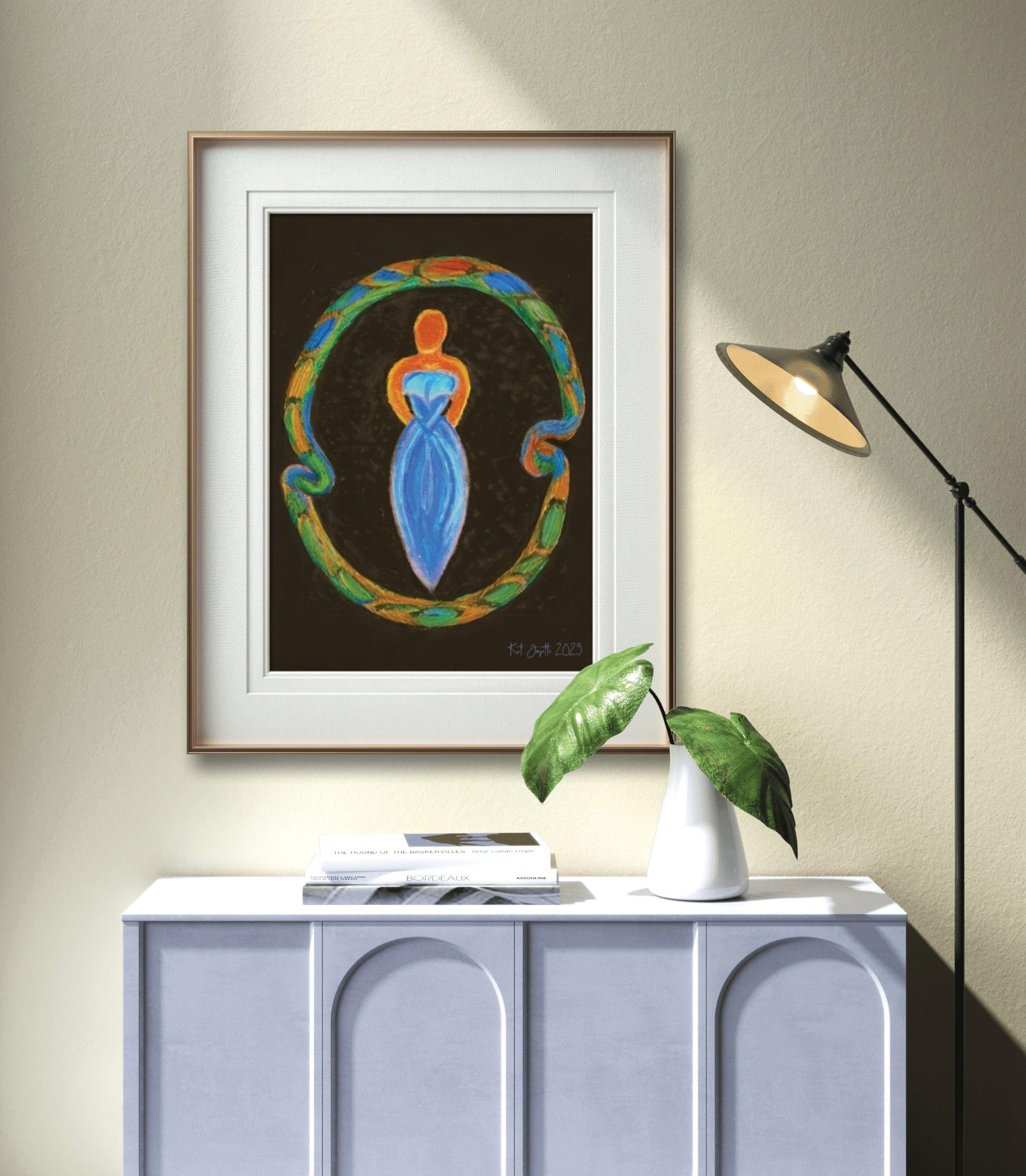 Ouroboros Spiral Goddess by Katherin Joyette, museum quality print, explores ancient symbolism in modern art, available at Tree of Life Art.