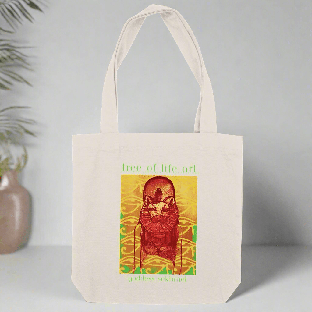 Sekhmet Premium Plus Heavy Totebag, made from 80% recycled cotton and 20% recycled polyester, 300 g/m2, robust and eco-friendly, by Tree of Life Art.