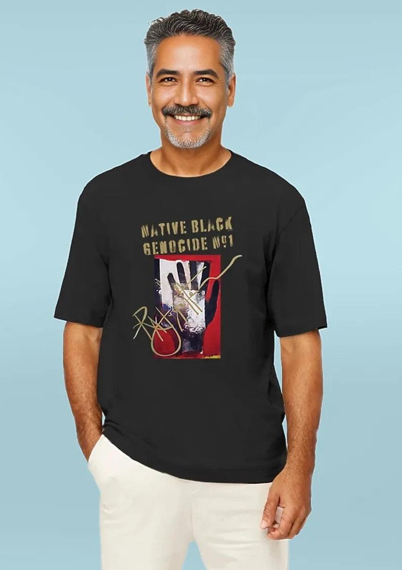 Native Black Genocide #1 Premium Men's Oversized Heavyweight T-shirt, 90% organic cotton, 10% recycled cotton, 200 g/m2, supports Black Indigenous communities.