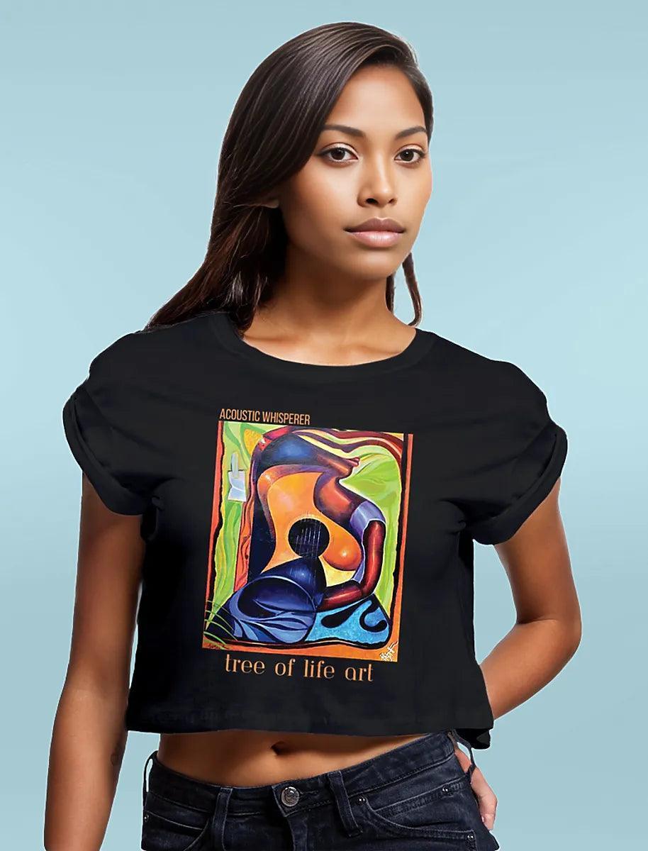 Acoustic Whisperer premium organic cotton woman's crop top, soft and sustainable, offered by Tree of Life Art, perfect for eco-conscious fashion