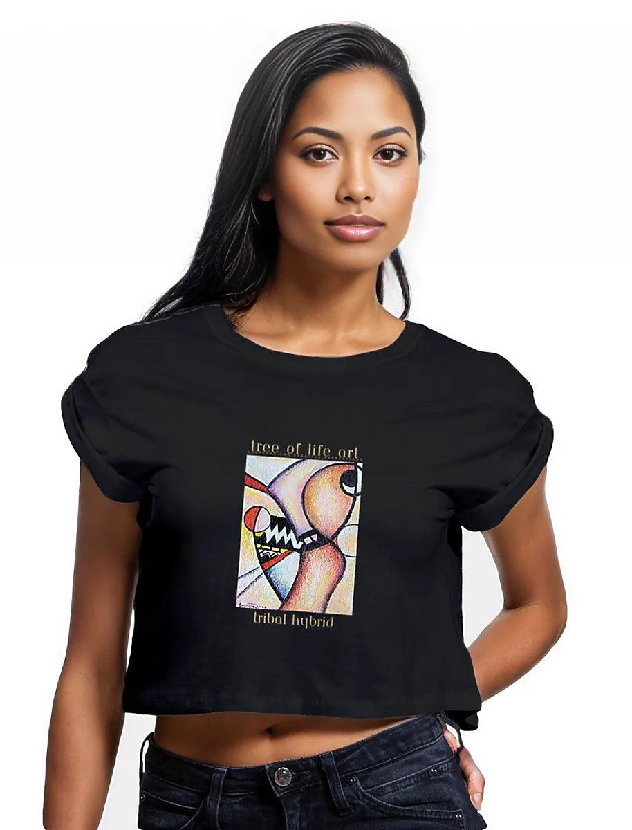 Tribal Hybrid Premium Plus Woman's Crop Top, 100% organic cotton, 120 g/m2, featuring rolled sleeves and side seams for a stylish fit.