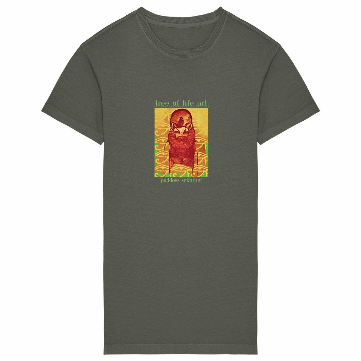 Sekhmet Premium Comfy T-shirt Dress, crafted from 100% organic cotton, combines eco-conscious fashion with comfort and style, by Tree of Life Art.