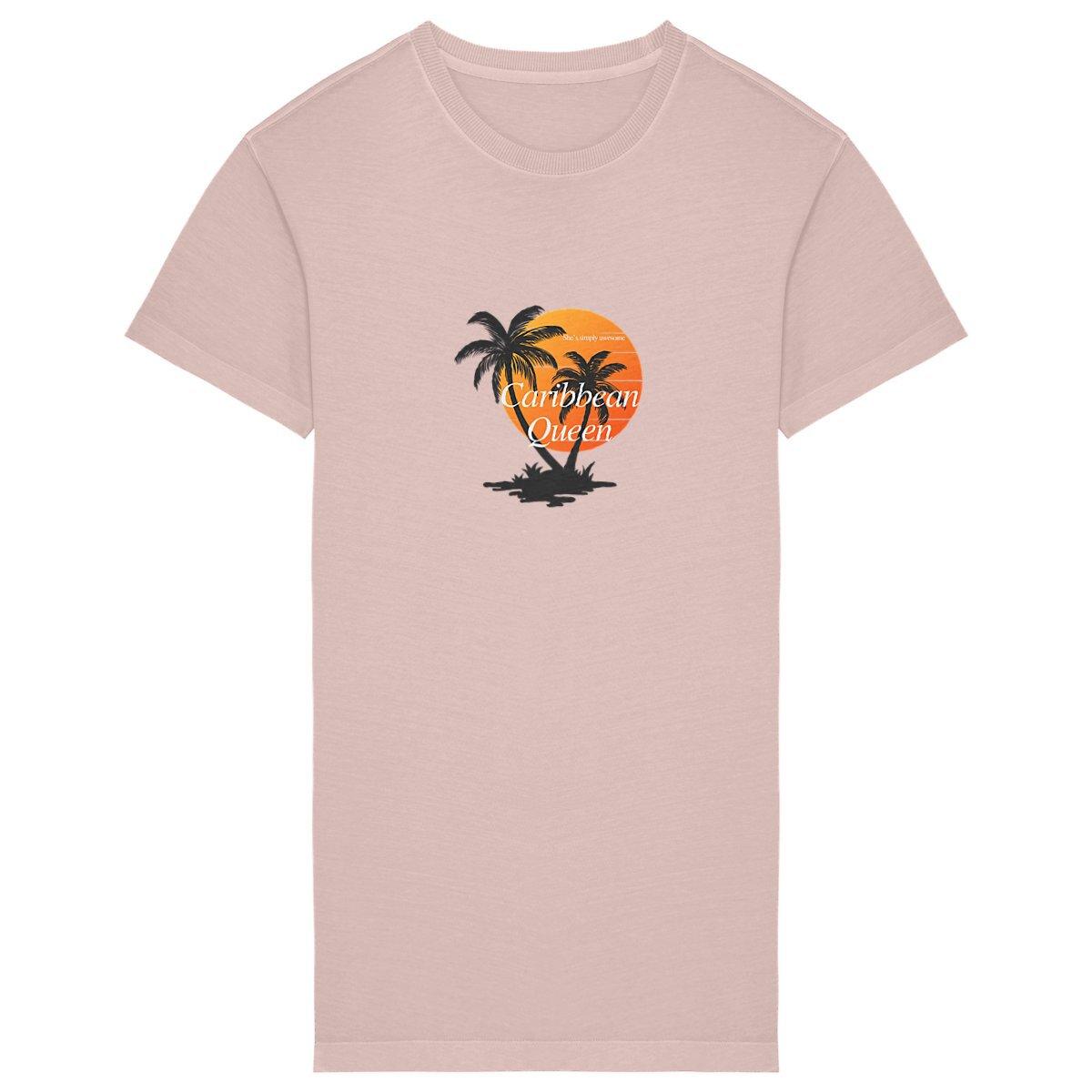 Caribbean Queen T-shirt dress, crafted from premium 100% organic cotton, designed by Tree of Life Art, embodies stylish sustainability and tropical elegance.