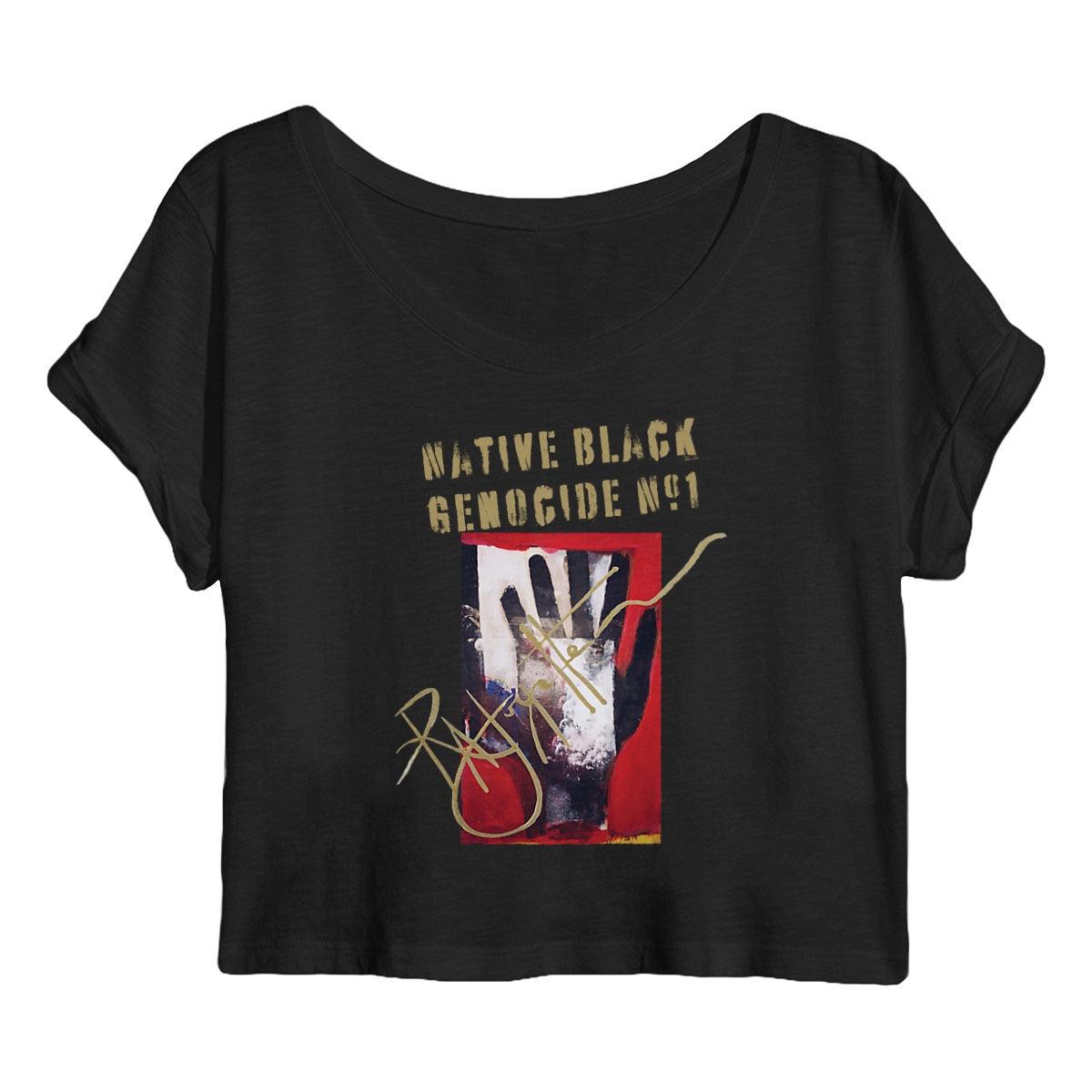 Native Black Genocide #1 Premium Women's Crop Top, made from 100% organic cotton, designed by Tree of Life Art, eco-conscious and stylish.