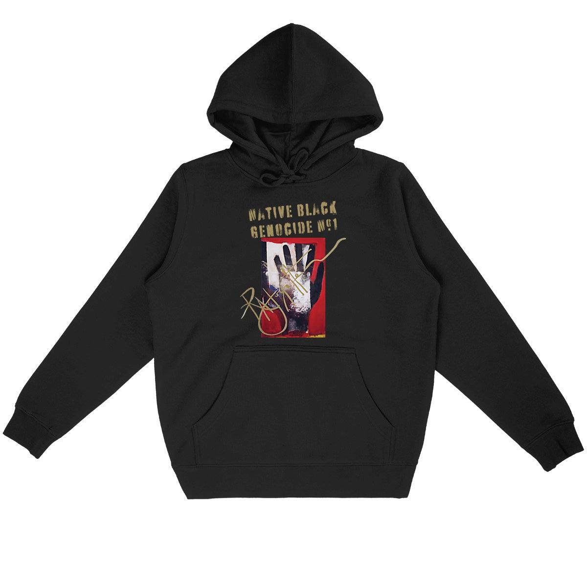 Native Black Genocide Premium Unisex Hoodie, lightweight straight cut, designed by Tree of Life Art, merging style with a strong message.