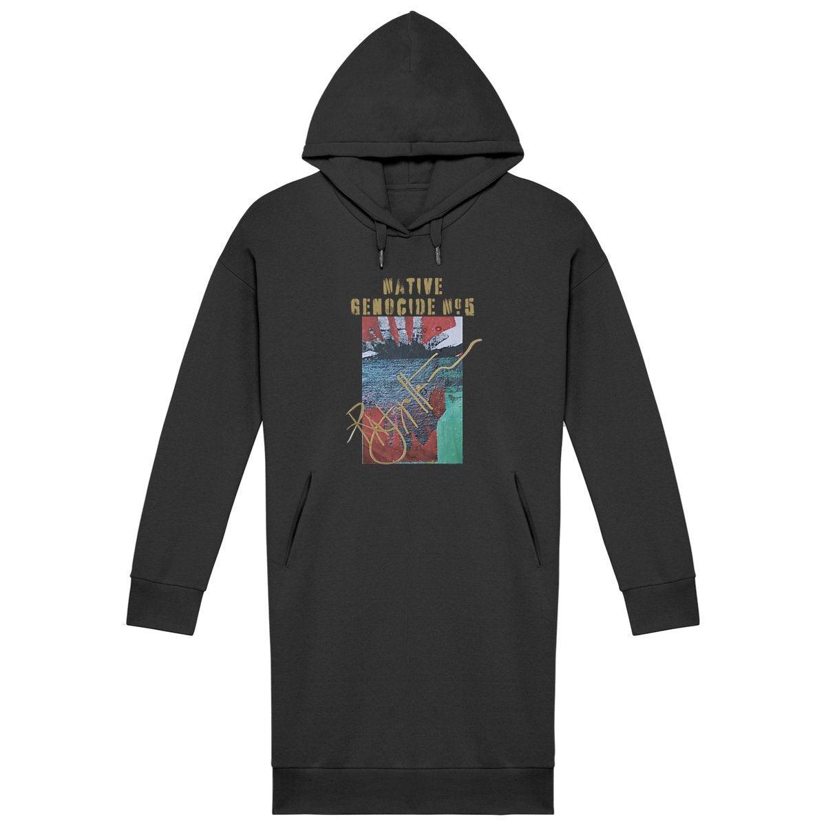 Native Genocide #5 Premium Comfy Fit Hoodie Dress, made from organic cotton and recycled polyester, designed by Tree of Life Art, combines comfort with a commitment to sustainability.