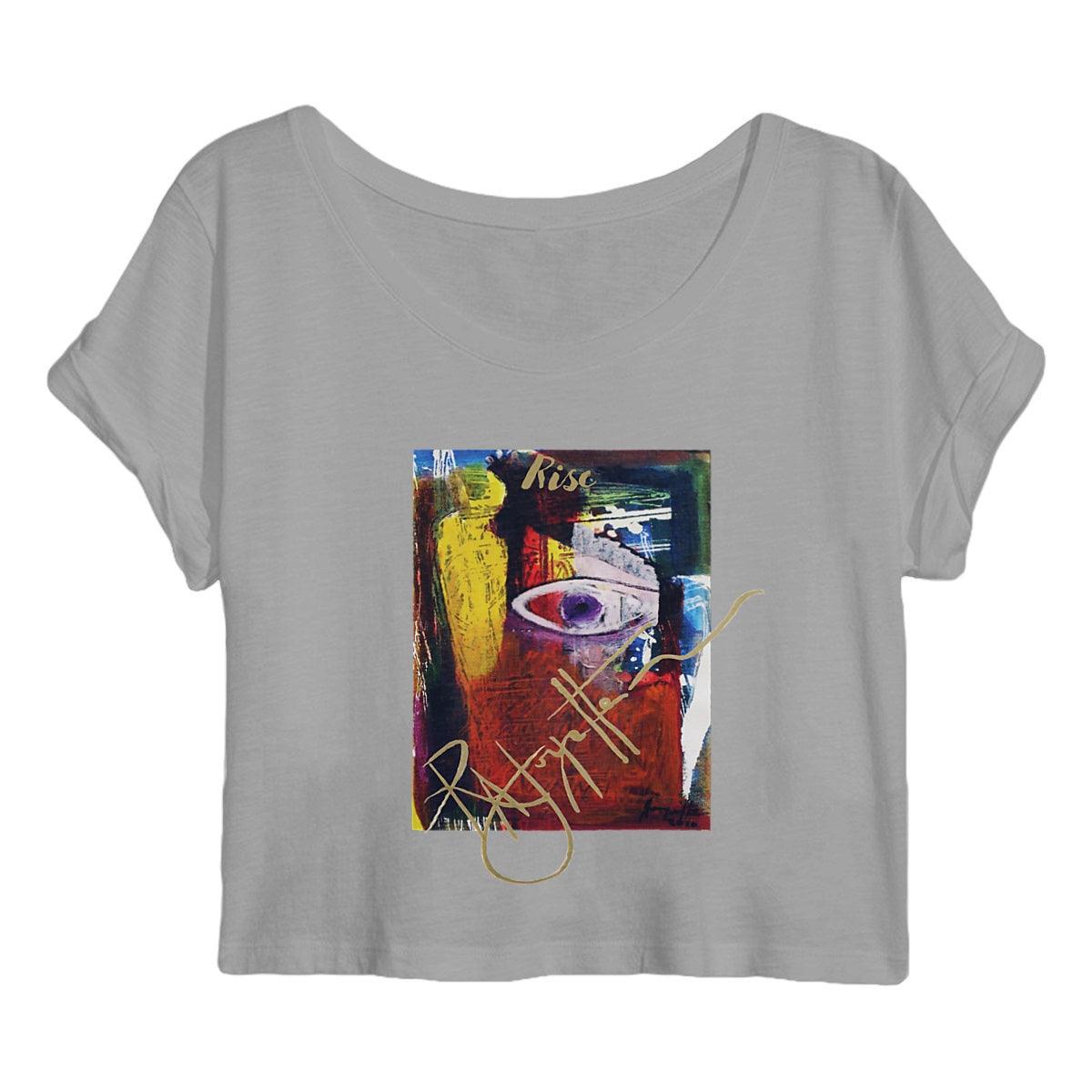 Rise! Dedication to Haiti Earthquake Disaster Women's Crop Top, by Robert Joyette, crafted from 100% organic lightweight cotton, featuring rolled sleeves and side seams, activism through art.
