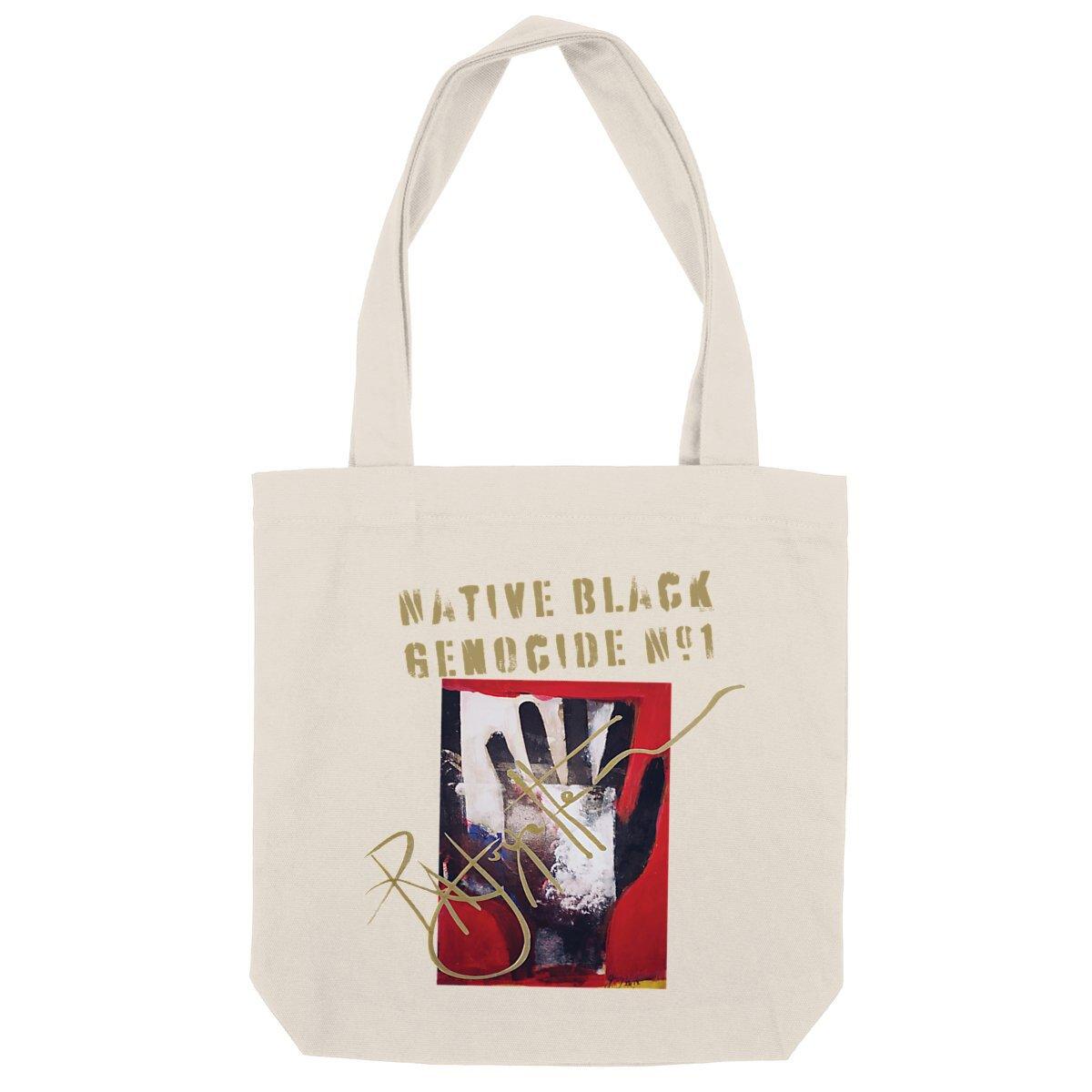 Native Black Genocide #1 Premium Heavyweight Totebag, crafted from recycled materials, robust and eco-conscious, designed by Tree of Life Art.