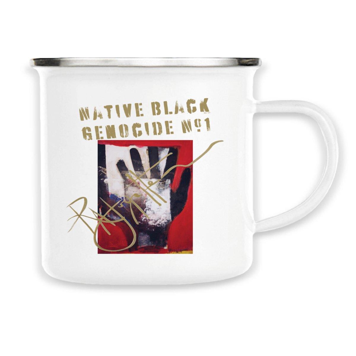 Native Black Genocide #1 Premium Enamel Mug, designed for hand wash only, not microwave safe, featuring impactful art, by Tree of Life Art.g