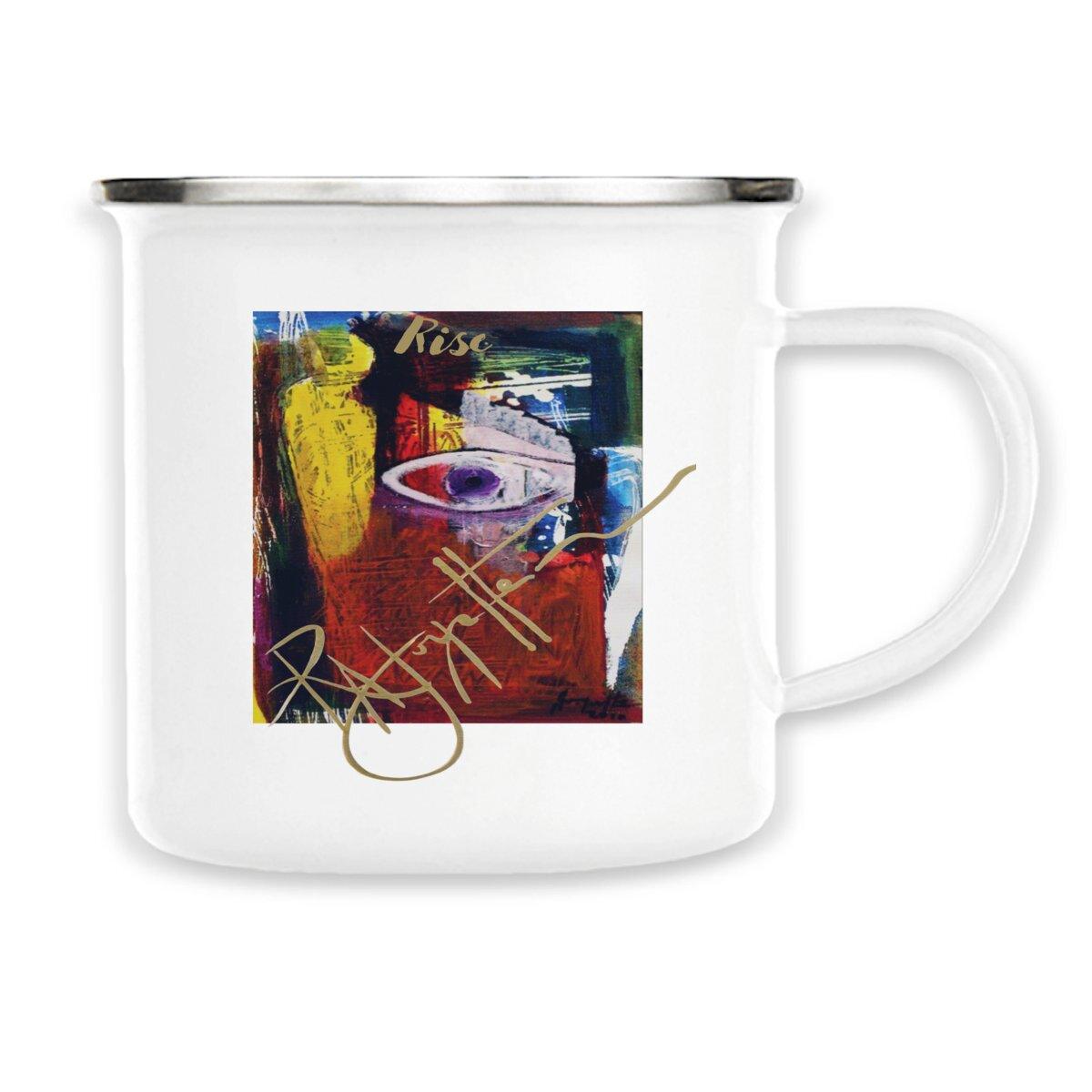 Rise! Dedication to Haiti Earthquake Disaster Premium Enamel Mug by Robert Joyette, featuring art as activism, vintage style, hand wash recommended, not microwave safe.