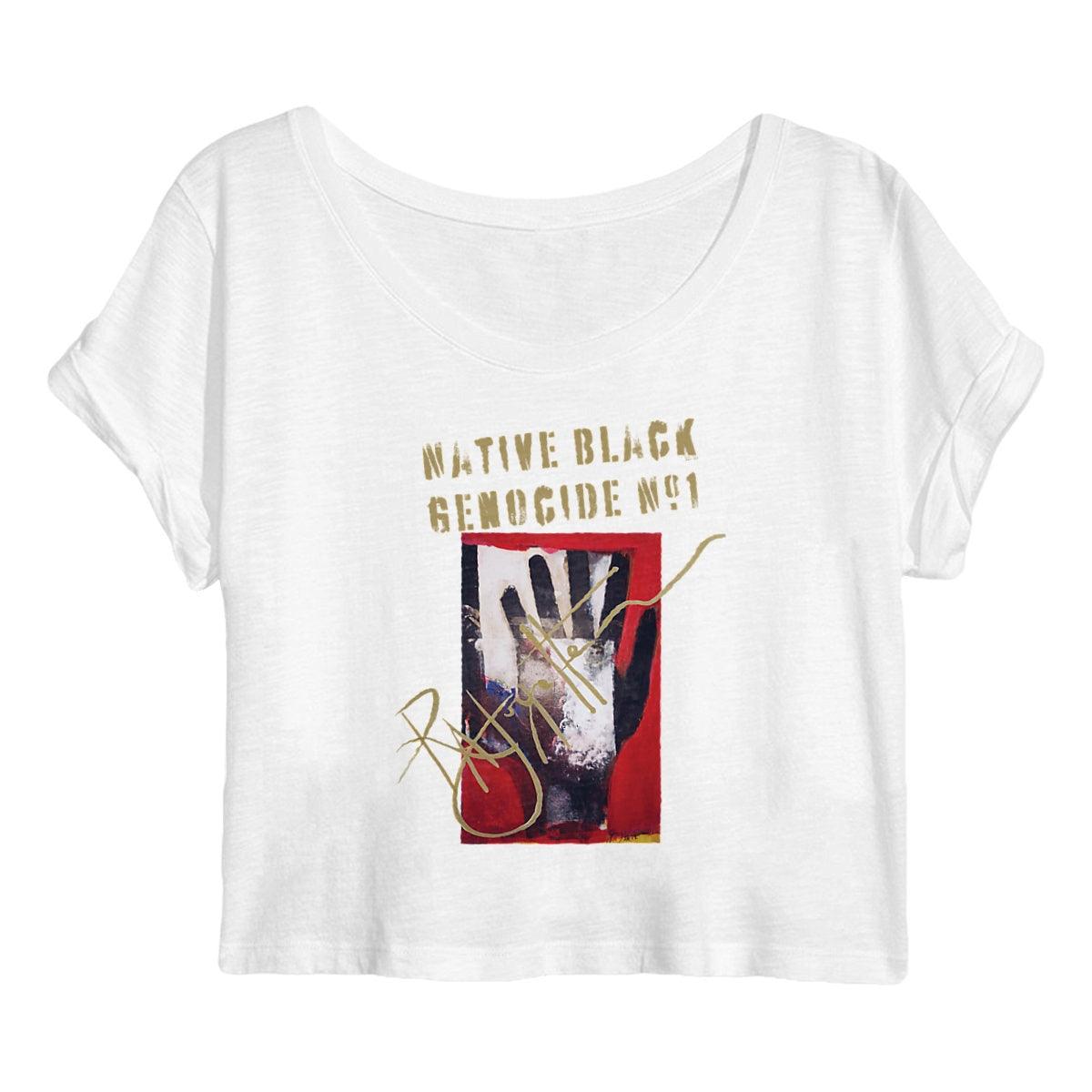 Native Black Genocide #1 Premium Women's Crop Top, made from 100% organic cotton, designed by Tree of Life Art, eco-conscious and stylish.