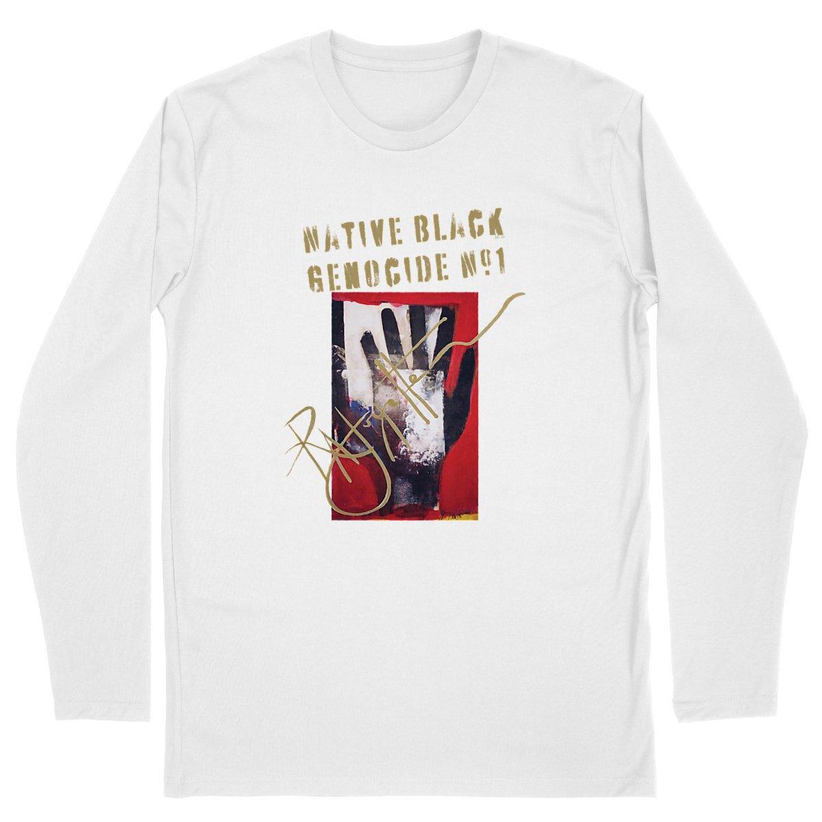 Native Black Genocide #1 Premium Men's Long Sleeve, crafted from 100% organic cotton, supports environmental and social causes, by Tree of Life Art.