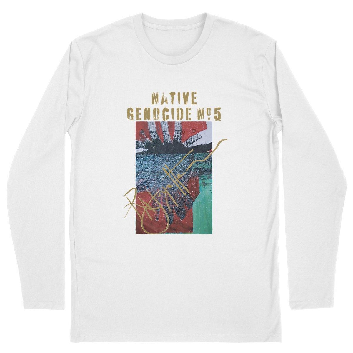 Native Genocide #5 Men's Organic Long Sleeve T-Shirt, made from 100% cotton, designed by Tree of Life Art, promoting cultural awareness and sustainability.