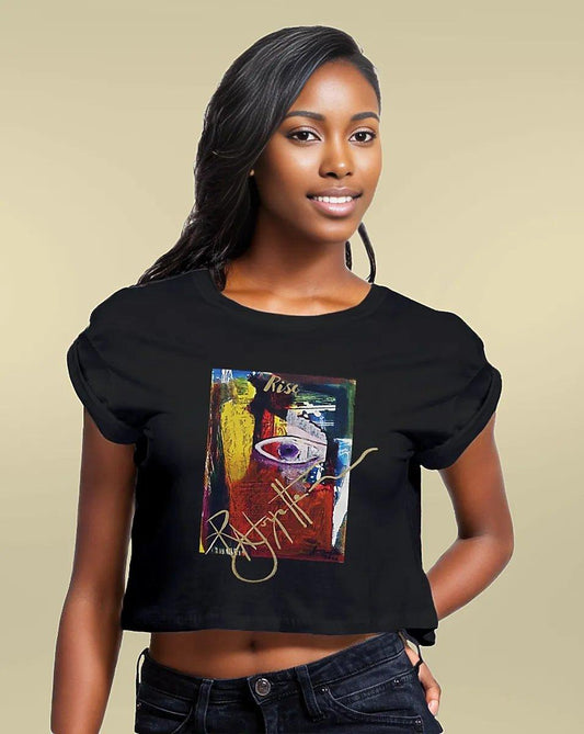 Rise! Dedication to Haiti Earthquake Disaster Women's Crop Top, by Robert Joyette, crafted from 100% organic lightweight cotton, featuring rolled sleeves and side seams, activism through art.