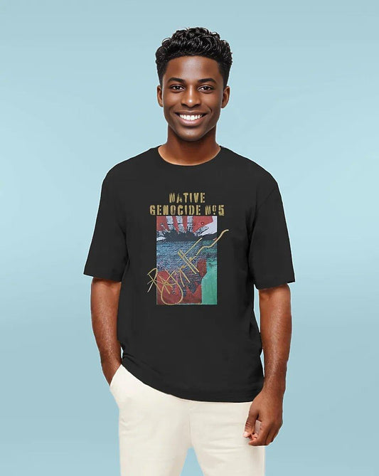 Native Genocide #5 Men's Premium Heavyweight Oversized T-shirt, crafted from organic cotton, designed by Tree of Life Art, for eco-sustainable style and comfort.