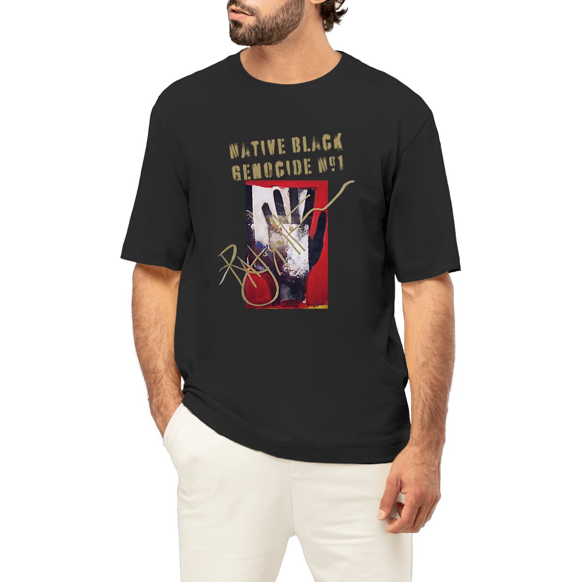 Native Black Genocide #1 Premium Men's Oversized Heavyweight T-shirt, 90% organic cotton, 10% recycled cotton, 200 g/m2, supports Black Indigenous communities.