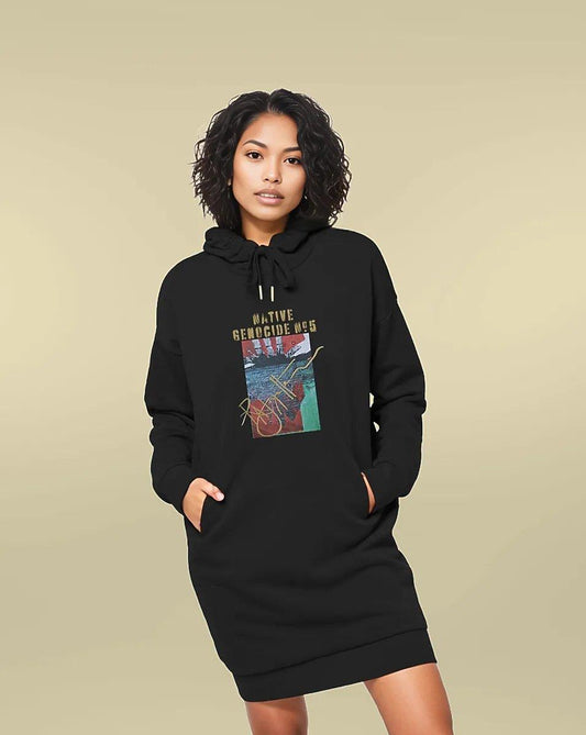 Native Genocide #5 Premium Comfy Fit Hoodie Dress, made from organic cotton and recycled polyester, designed by Tree of Life Art, combines comfort with a commitment to sustainability.